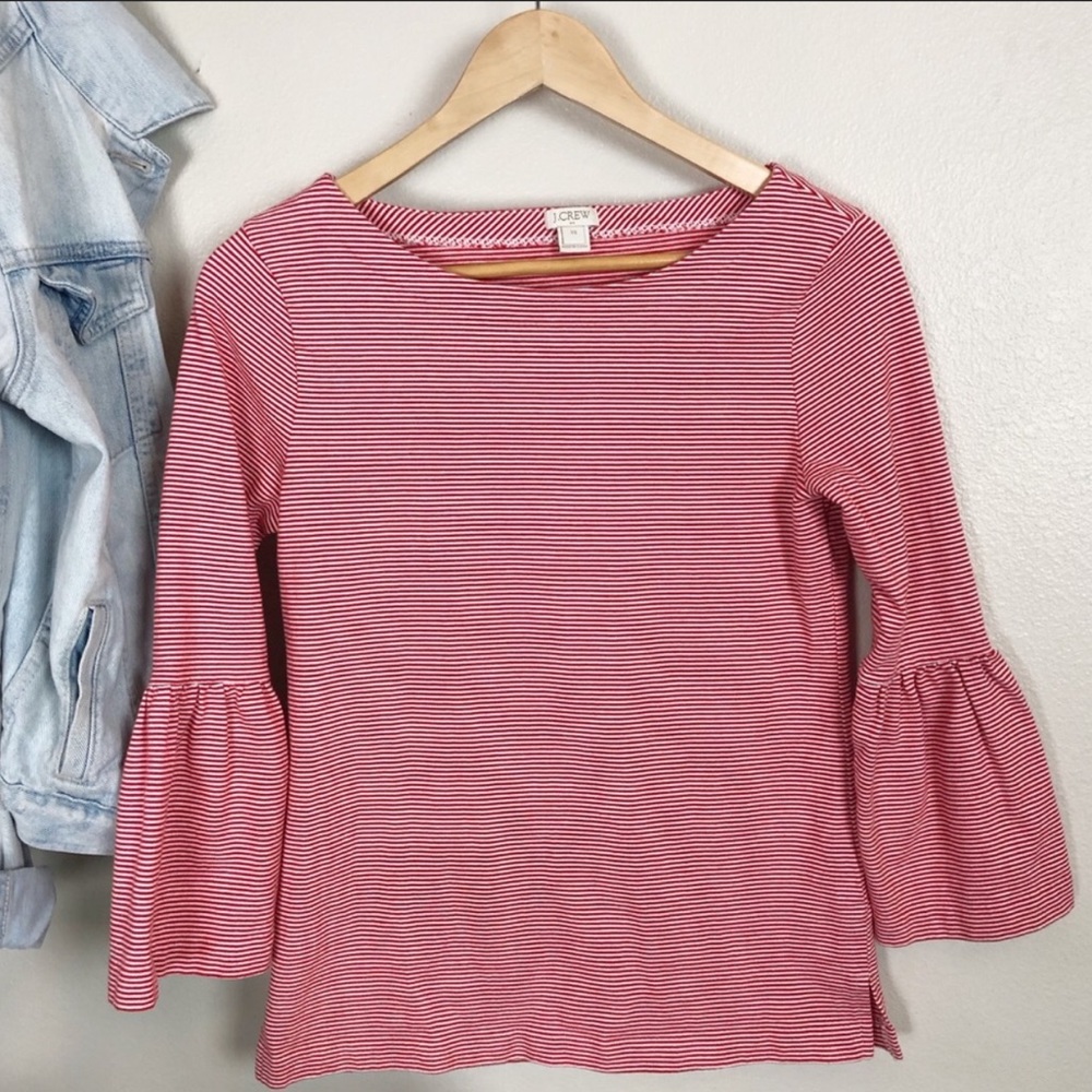 J. Crew Red & White Striped Bell Sleeve Top